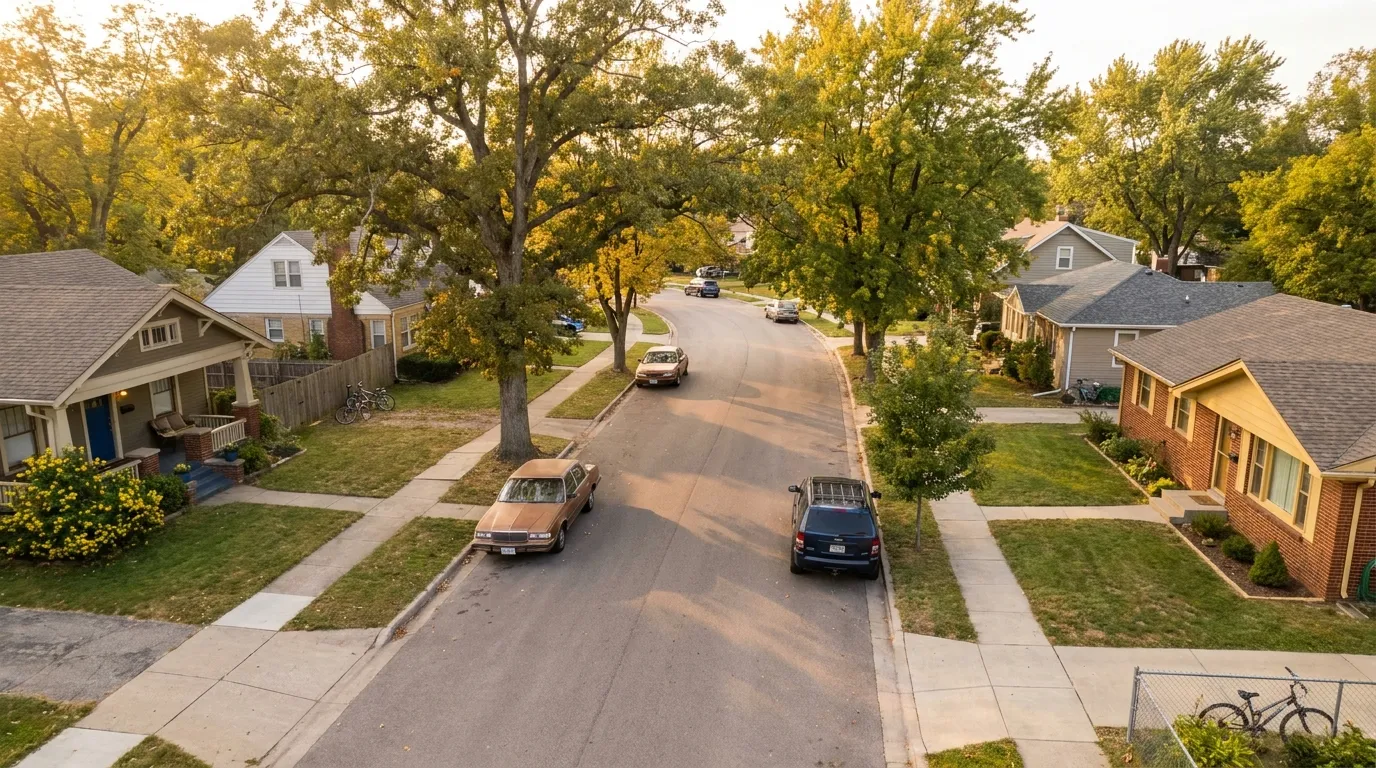 A quiet residential street lined with homes at golden hour