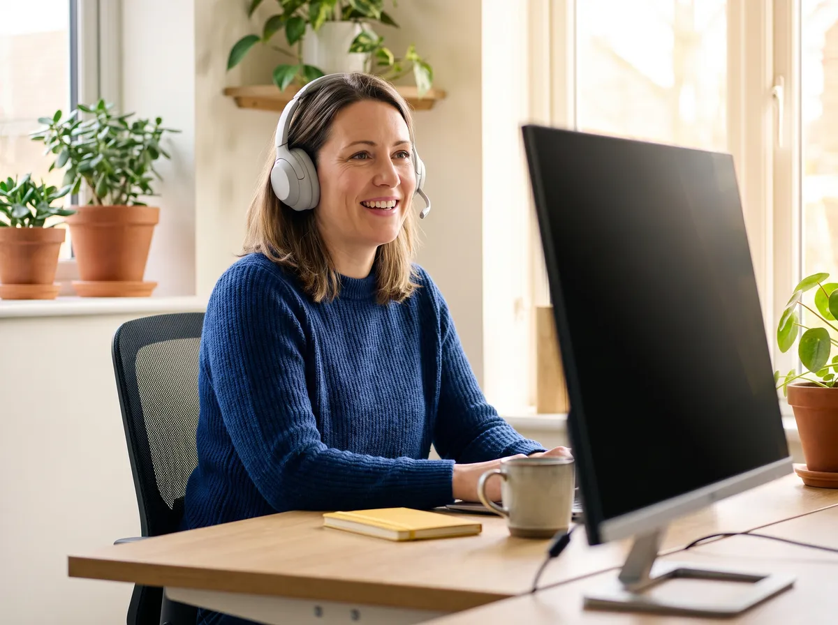 A support team member with a headset smiling at her desk