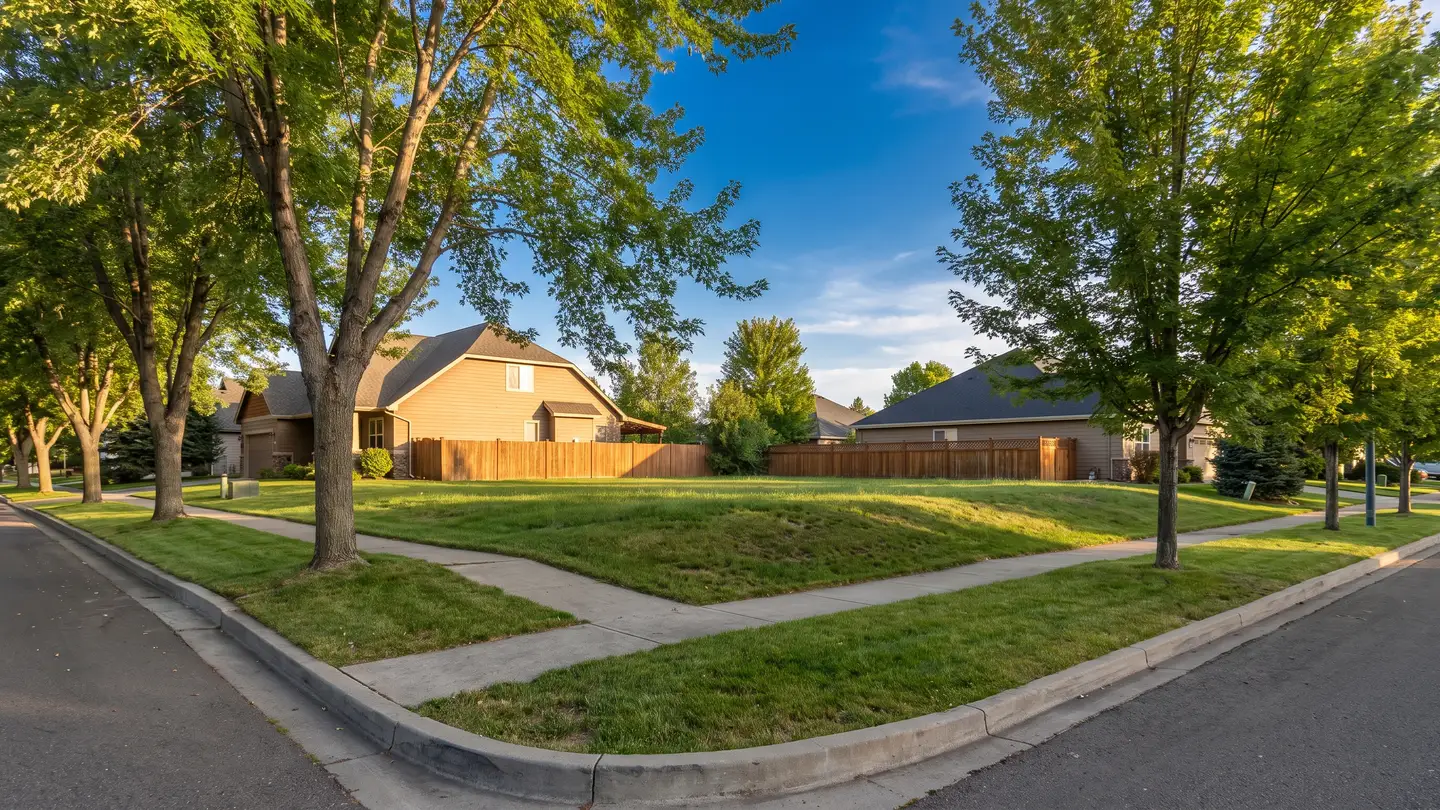 An empty grassy lot between two homes on a quiet street
