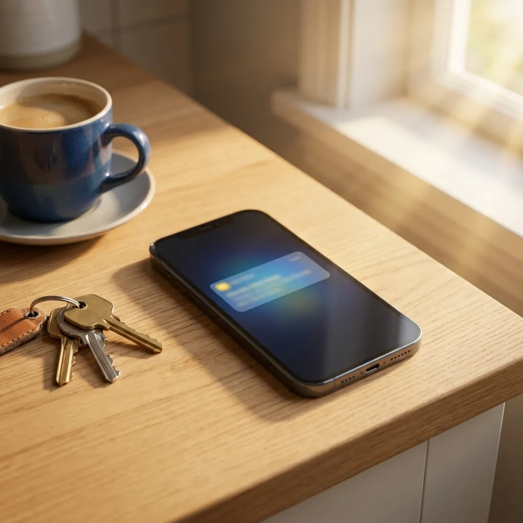 A smartphone on a kitchen counter showing a new notification