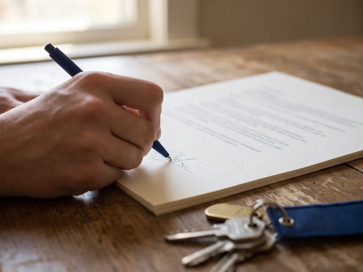 A hand signing a property document beside a set of house keys