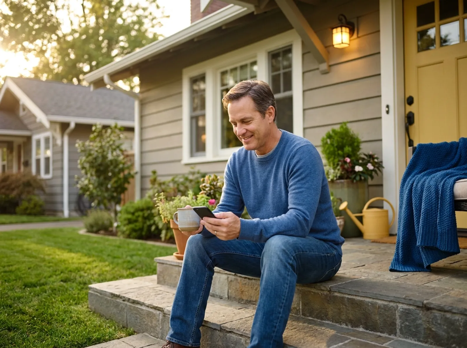 A homeowner relaxing on the front porch of a suburban house