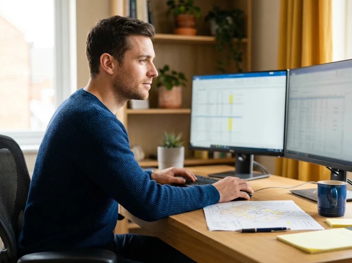 A reviewer at a desk comparing property records on two monitors