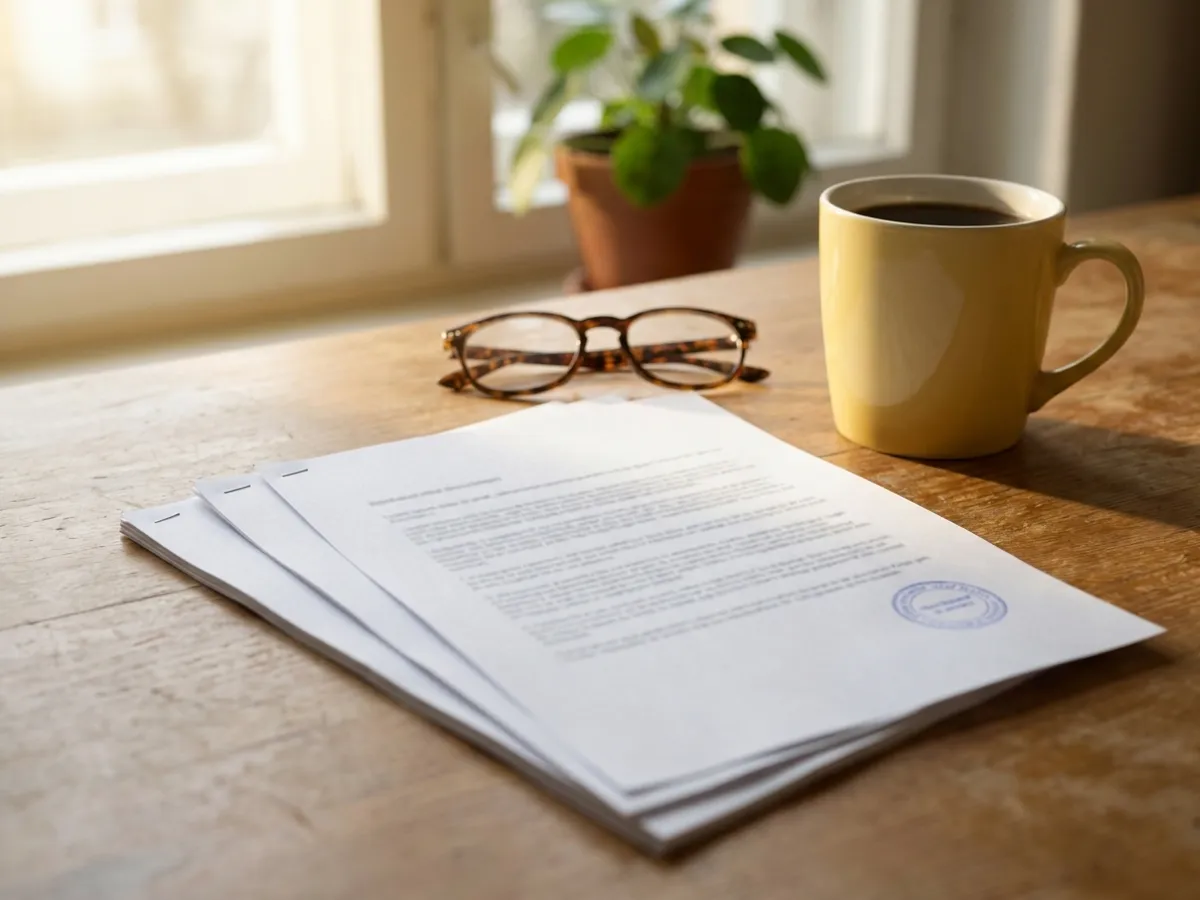 A recorded deed on a kitchen table beside reading glasses and a mug of coffee
