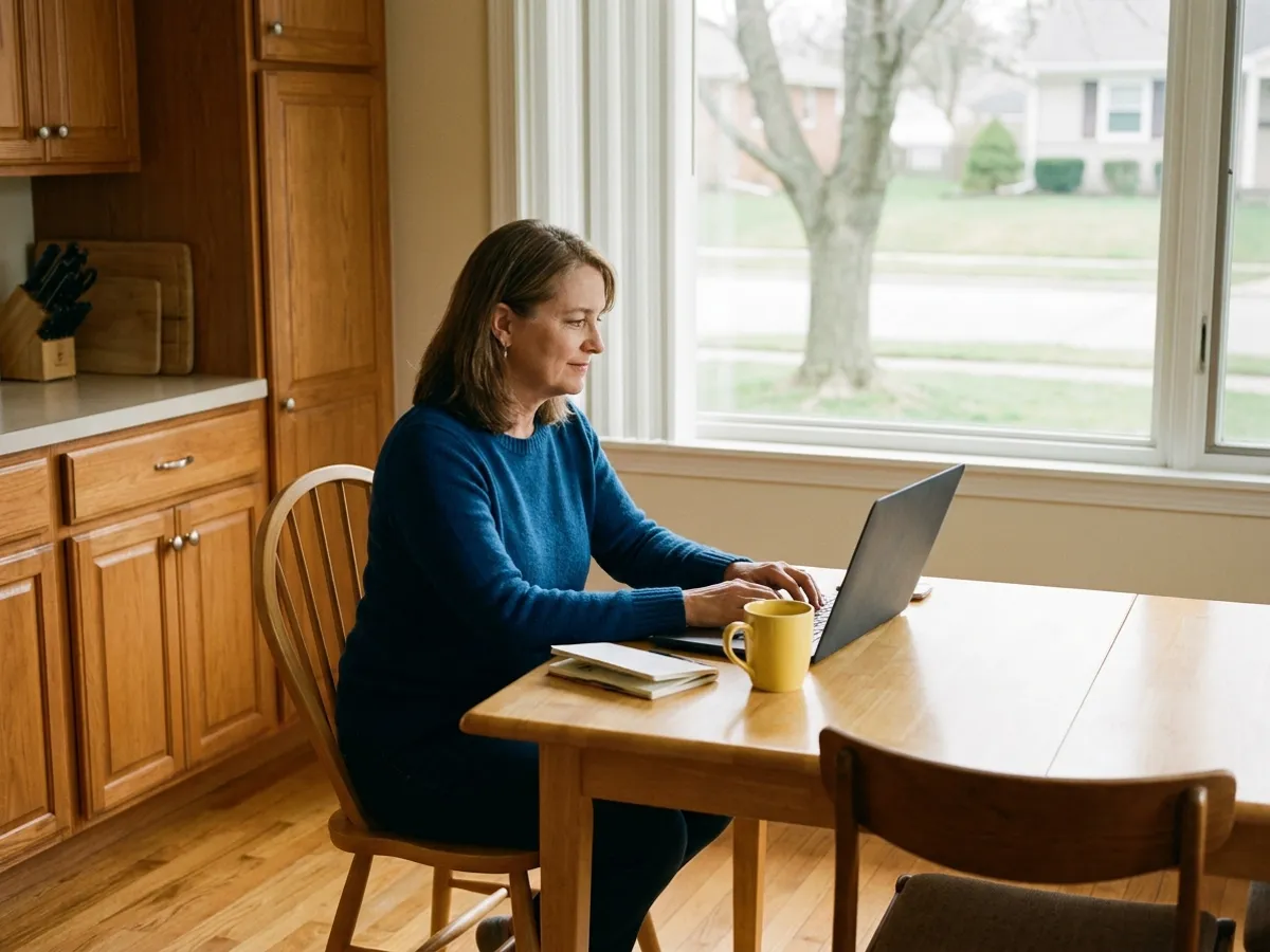 A homeowner at her kitchen table looking something up on a laptop