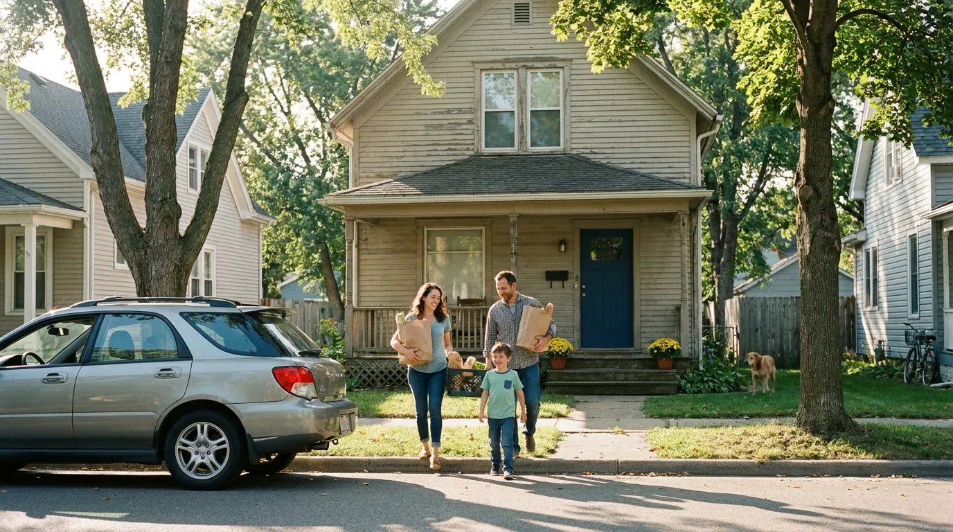 A family unloading groceries in the driveway of their home