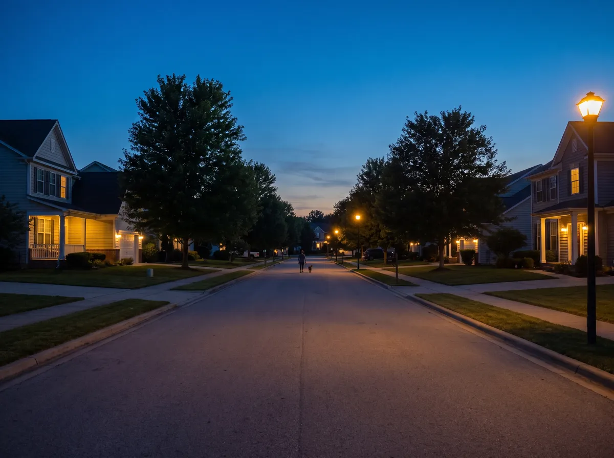 A peaceful neighborhood street at dusk with porch lights on