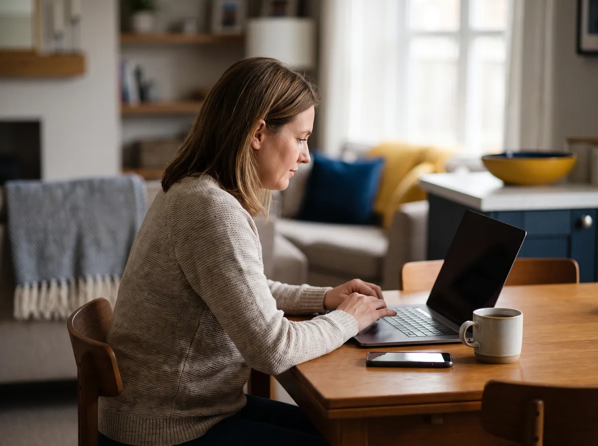 A homeowner using a laptop at the dining table