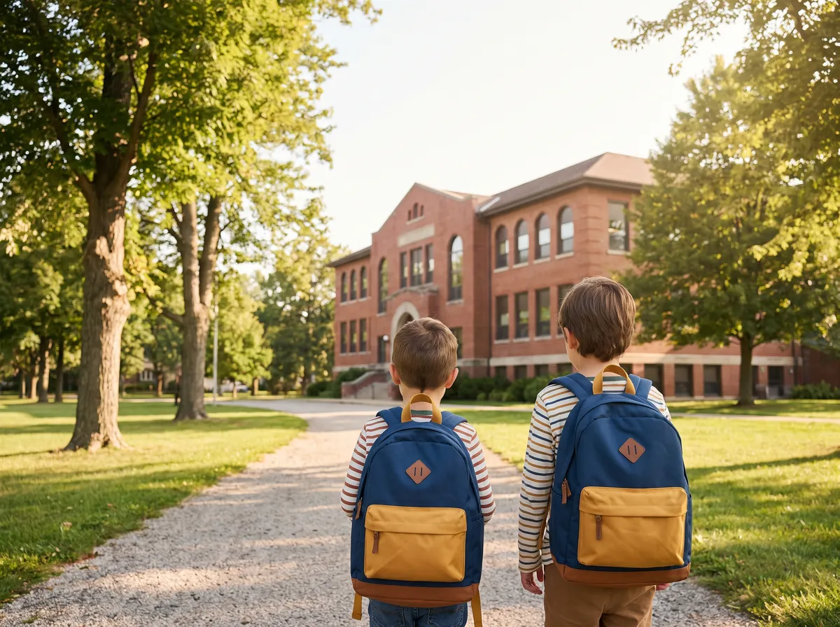 Two children with backpacks walking toward a brick school building
