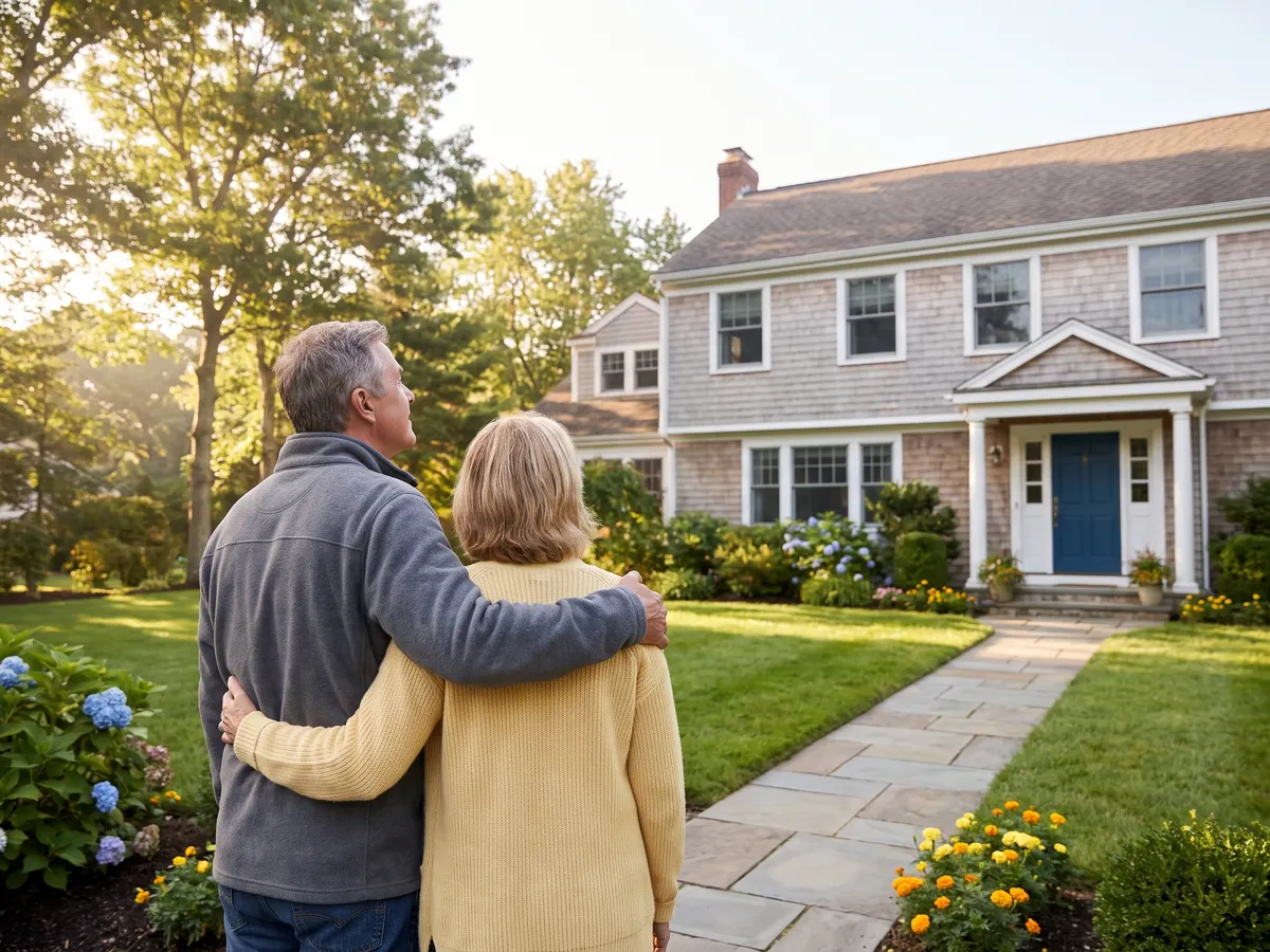 A couple standing arm in arm on the front walk, looking at their home