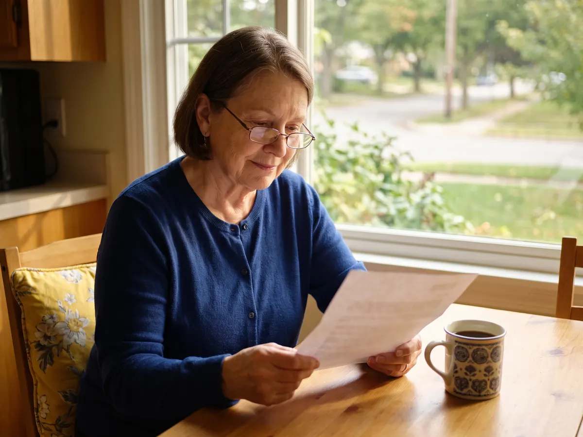 An older homeowner reading a letter at her kitchen table
